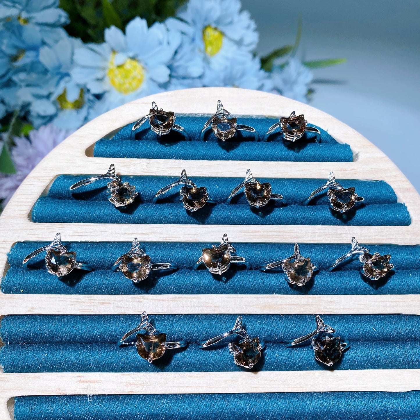 Cooper Silver Plated Smoky Quartz Cat Head Ring Crystal Healing Bulk Wholesale