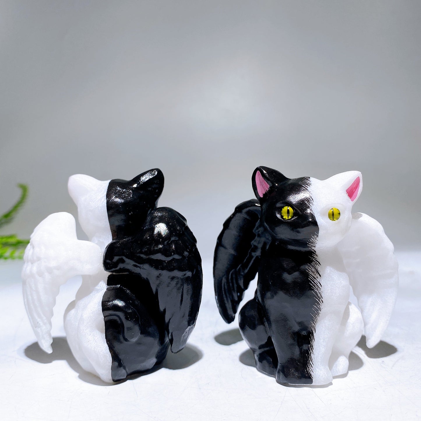 2.7" Half Black Painting White Jade Cat with Wings Carving for Halloween Wholesale