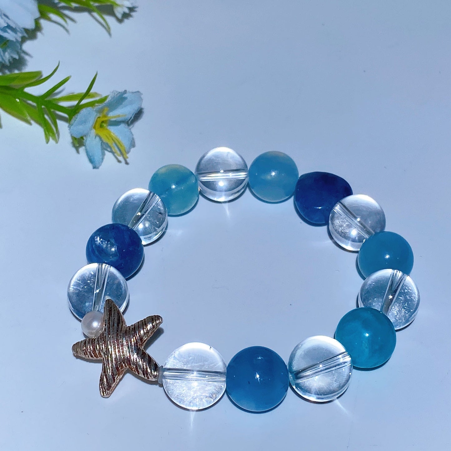 925 Silver Starfish 12mm Kyanite Aquamarine Clear Quartz Bracelet Crystal Healing Bulk Wholesale