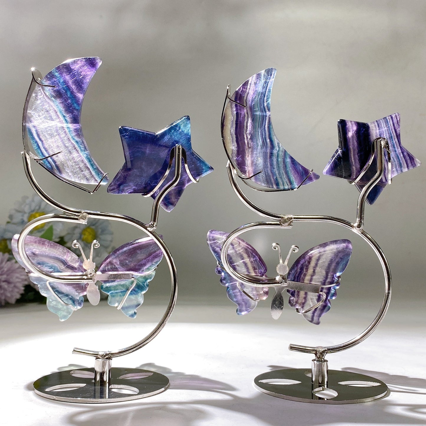 Rainbow Fluorite Moon Star Butterfly Wings Carving with Stand Crystal Healing Bulk Wholesale