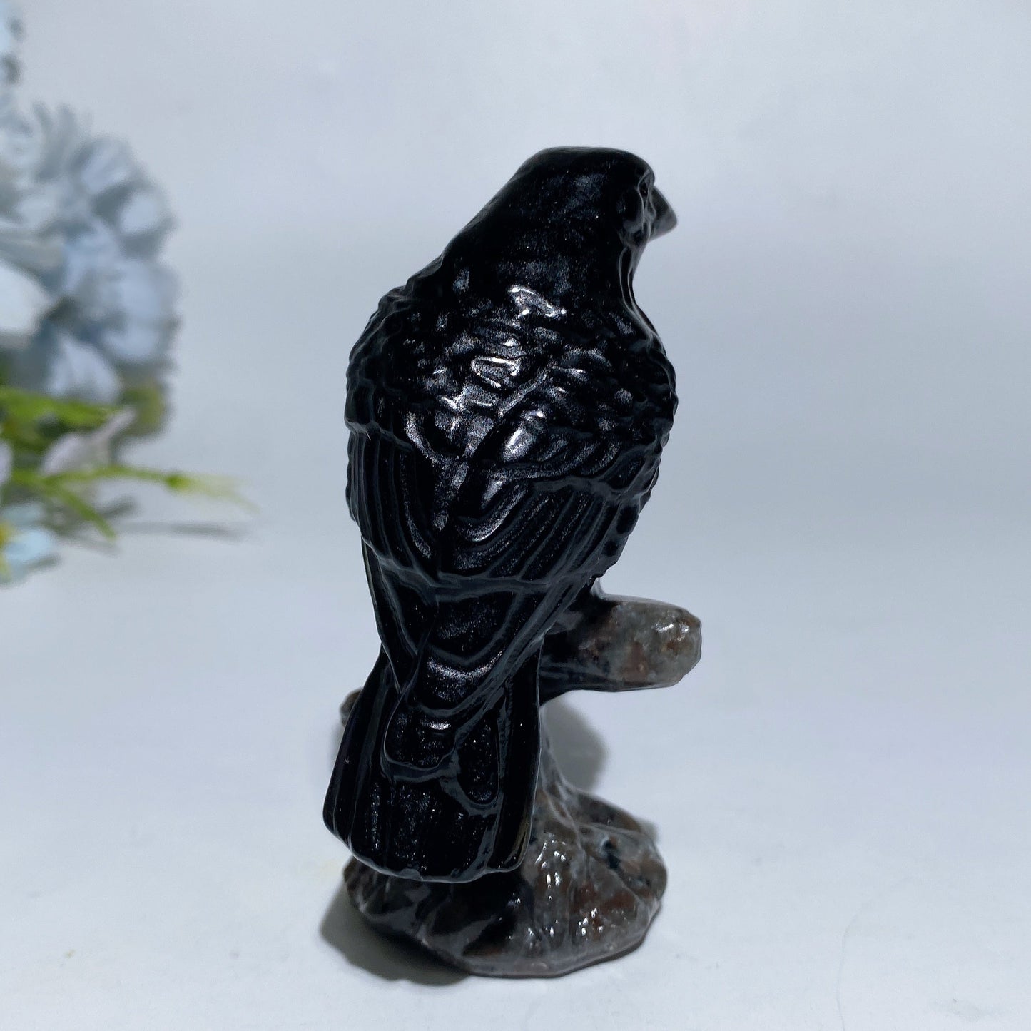 3.4" Black Obsidian Raven on Branch Carving Crystal Healing Bulk Wholesale