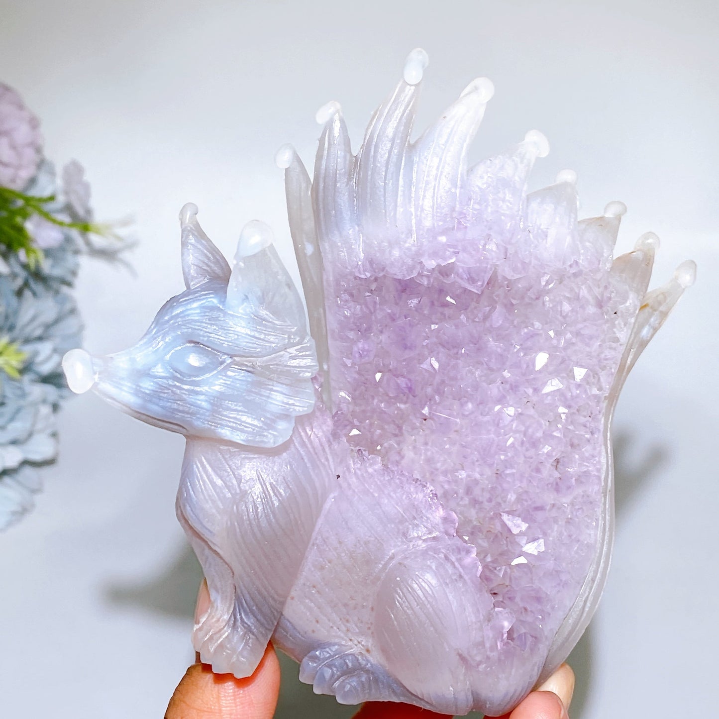 4.5" Unique Agate Growing with Amethyst Cluster Fox Carving Crystal Healing Bulk Wholesale