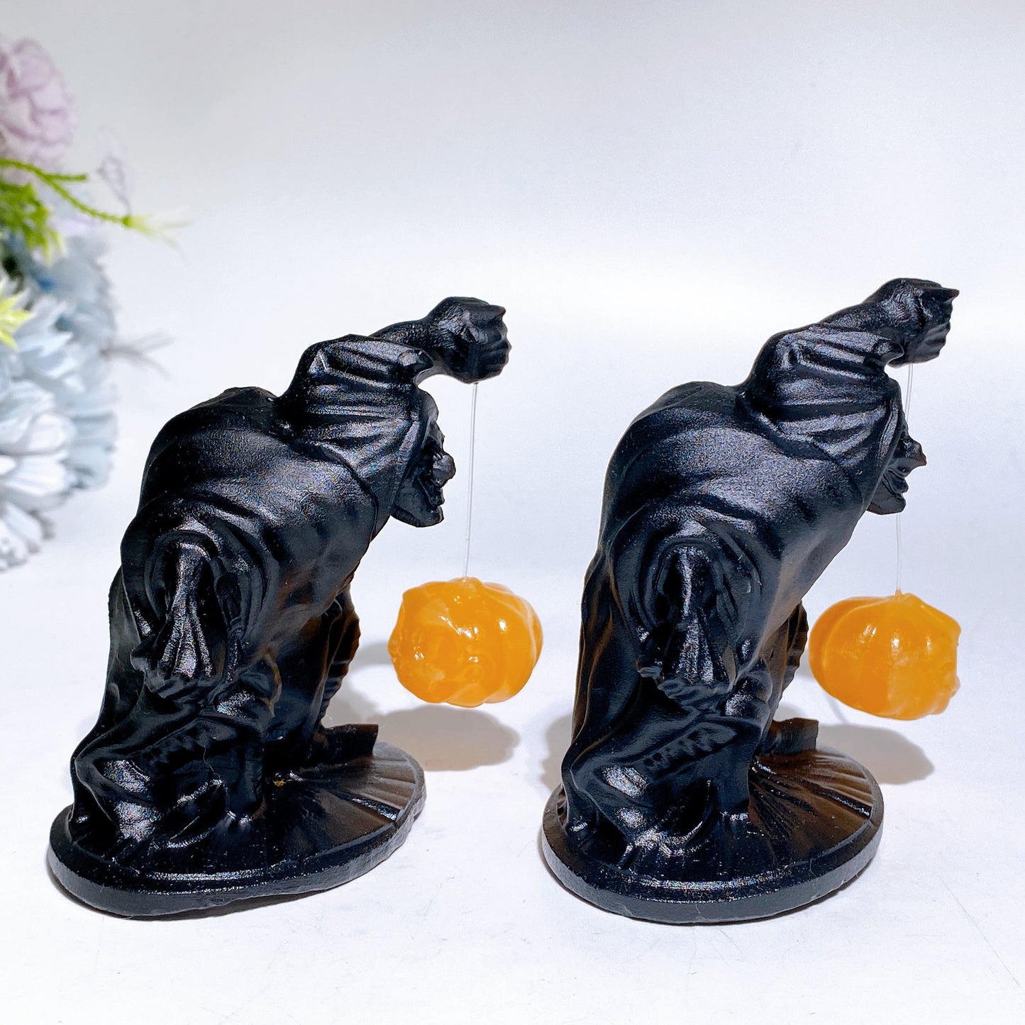 3.4" Black Obsidian Witch with Orange Calcite Pumpkin Lamp Carving Crystal Healing Bulk Wholesale