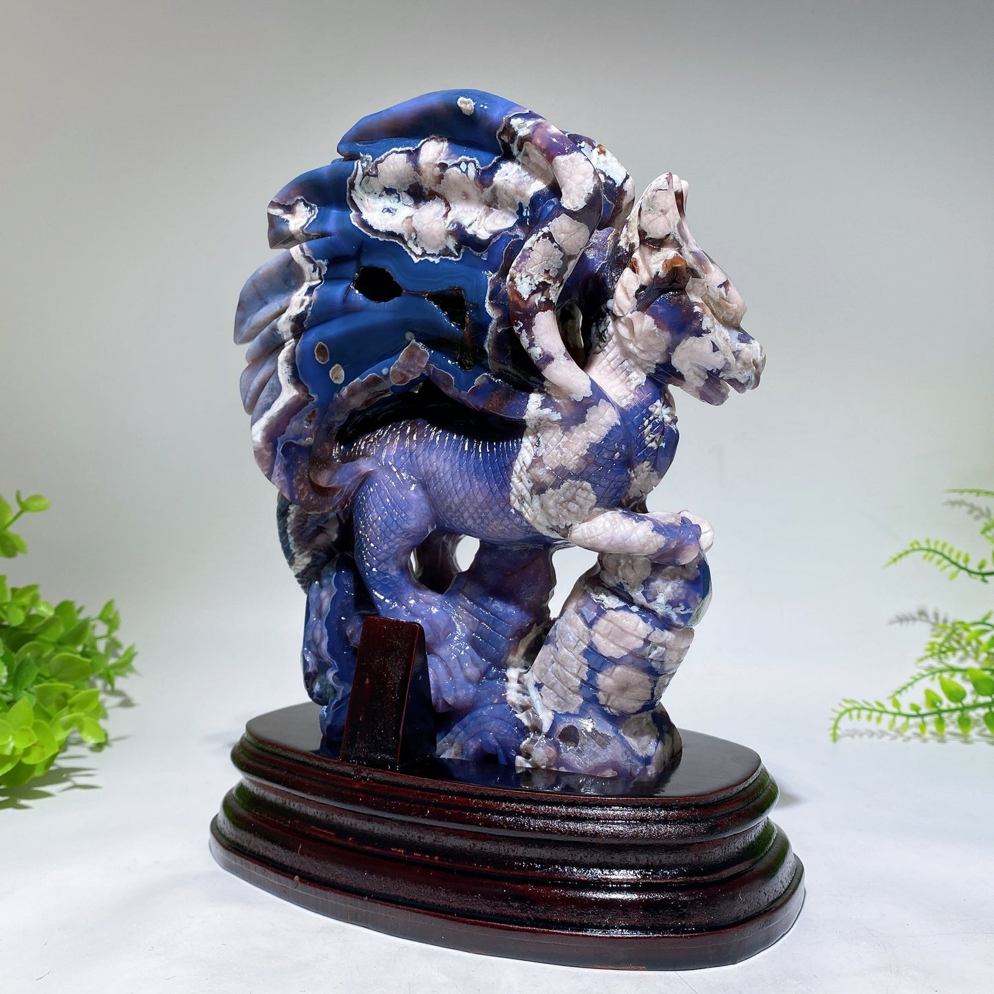 22cm Unique Blue Flower Agate Dragon Carving with Stand Crystal Healing Bulk Wholesale