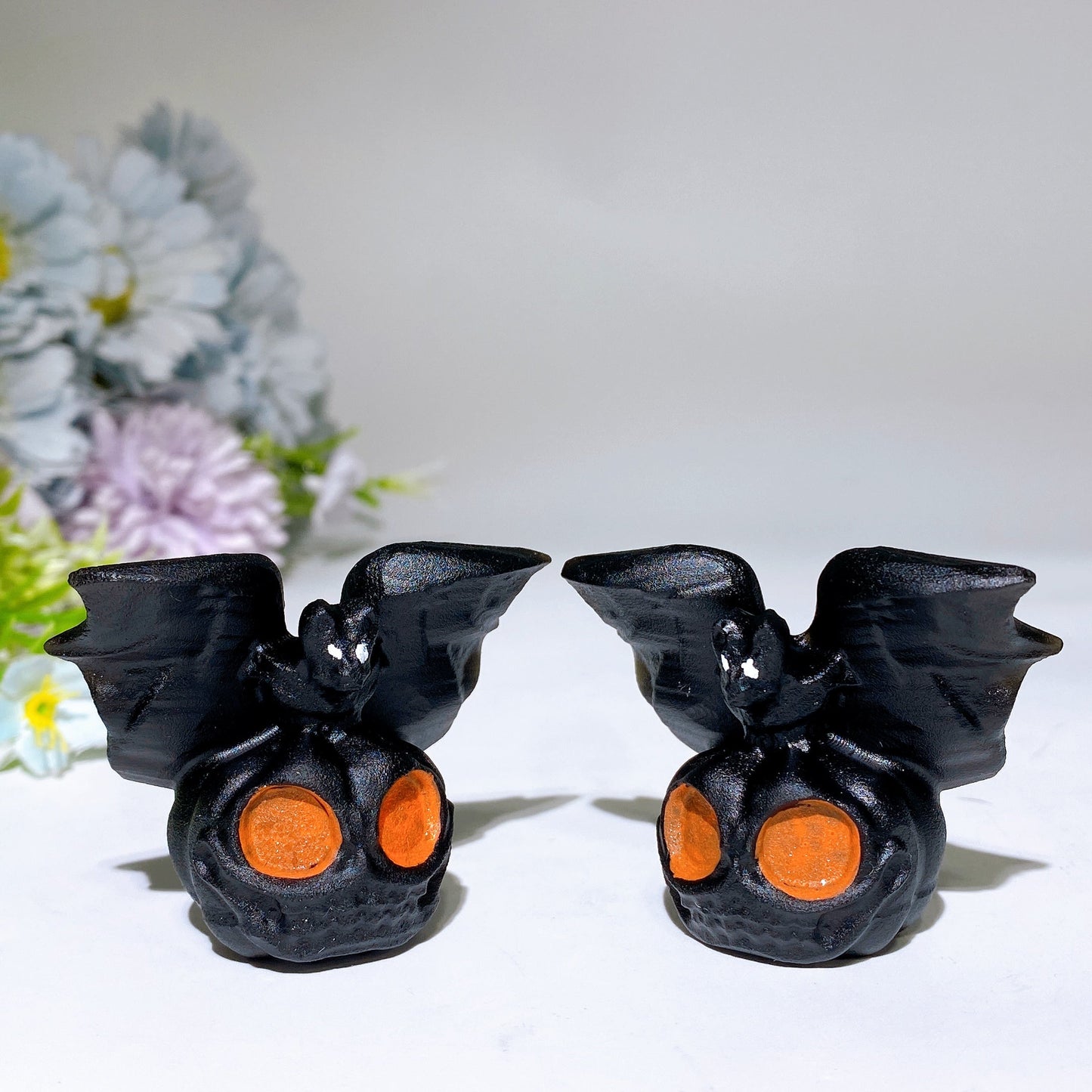 2.1" Black Obsidian Pumpkin Ghost with Bat Carving for Halloween Crystal Healing Bulk Wholesale