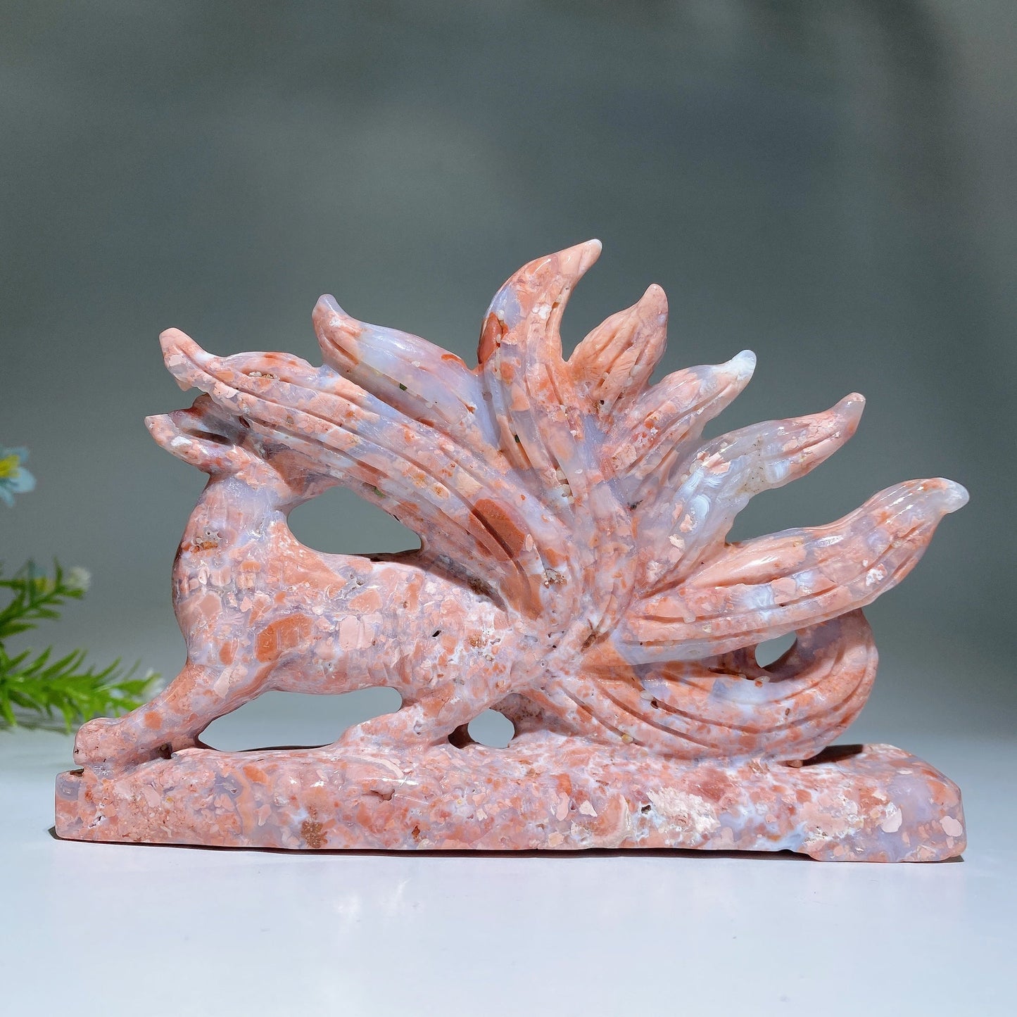 17cm Unique Cotton Candy Nine-tails Fox Carving Crystal Healing Bulk Wholesale