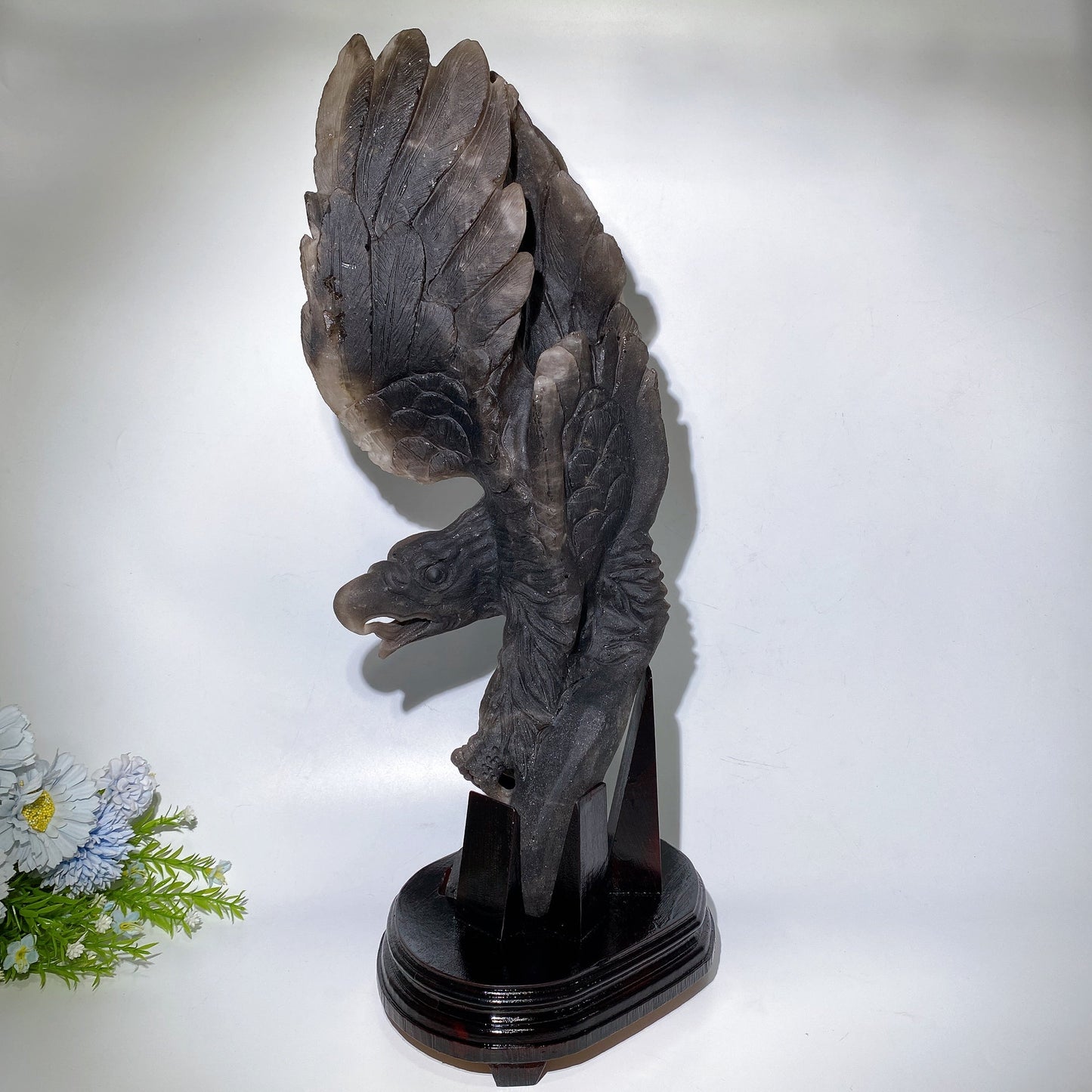 54cm Large Unqiue Smoky Quartz Eagle Carving with Wooden Stand Crystal Healing Bulk Wholesale