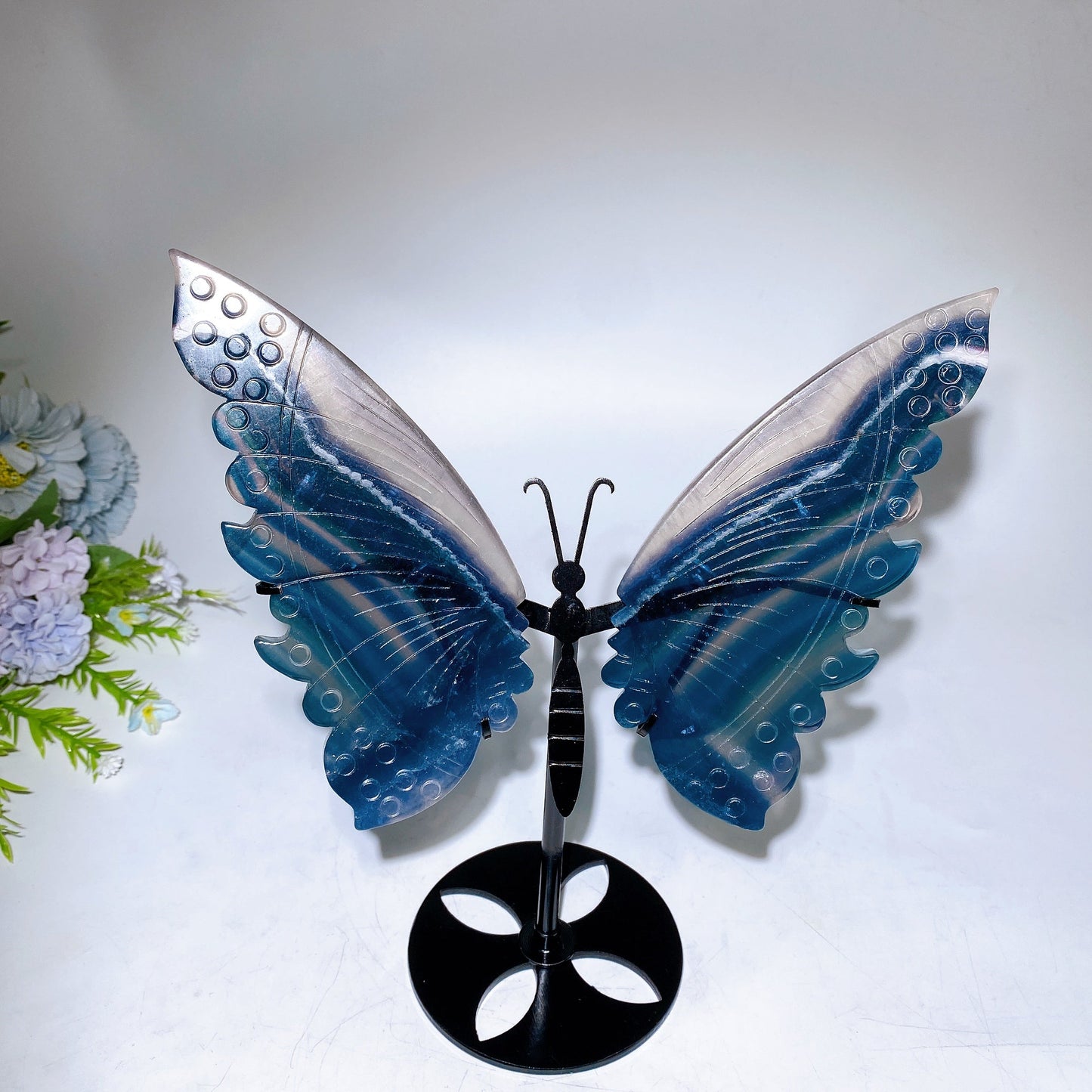 Large Unique Blue Green Fluorite Butterfly Wings Carving with Stand Crystal Healing Bulk Wholesale