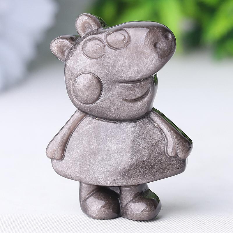 1.8" Silver Obsidian Peppa Pig Crystal Carvings Wholesale Crystals USA