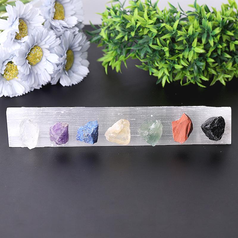 9" Chakra Selenite Stick with Crystal Raw Stone