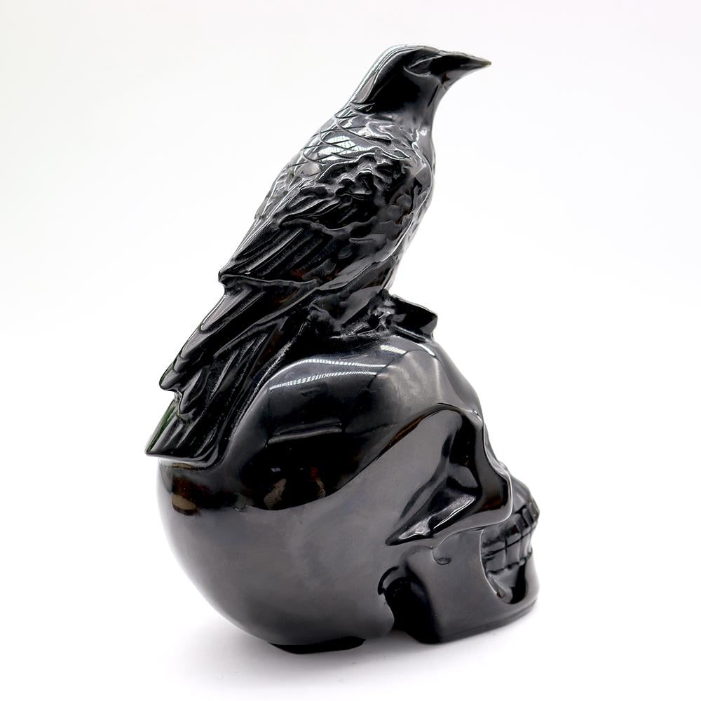 Black Obsidian Skull with Crow - Skull Carving, Obsidian Skull Wholesale Crystals USA