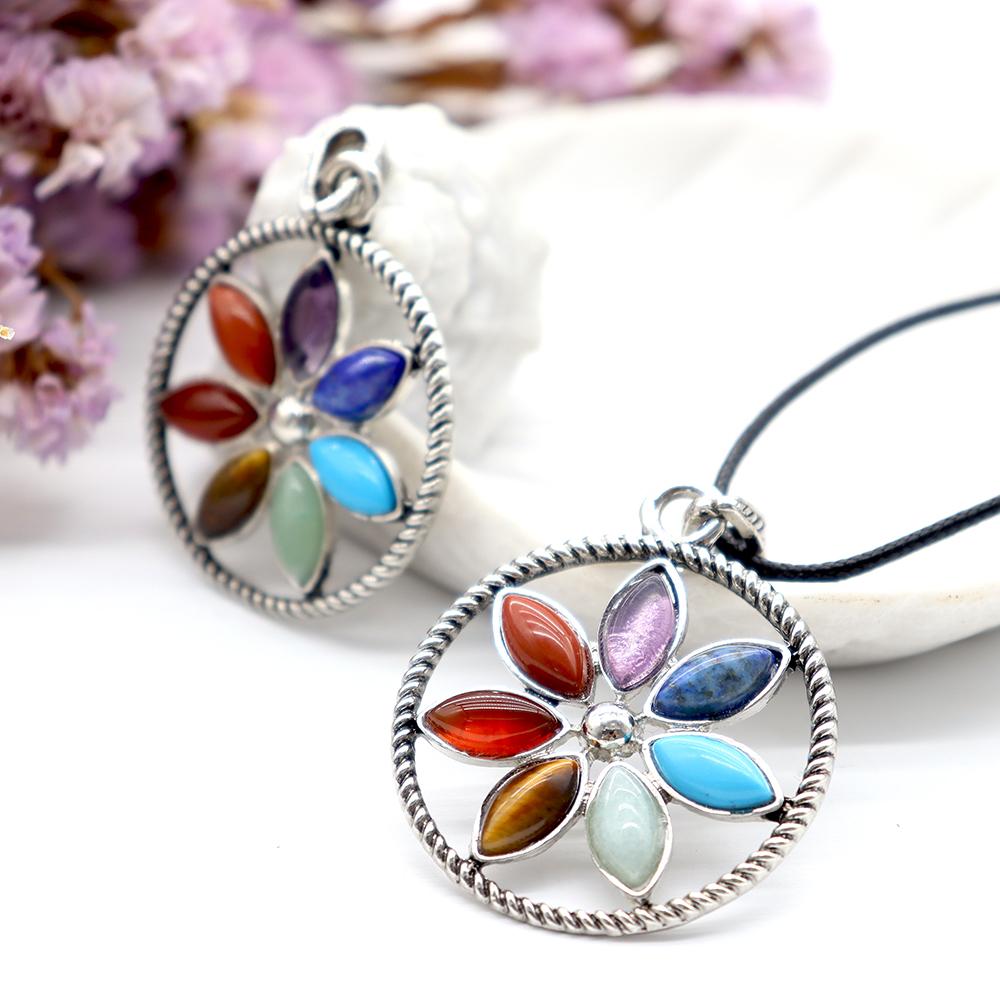 Stainless Steel Vintage Gothic Buddhist Tibetan Lotus 7 Chakra Gemstone Pendant Wholesale Crystals USA