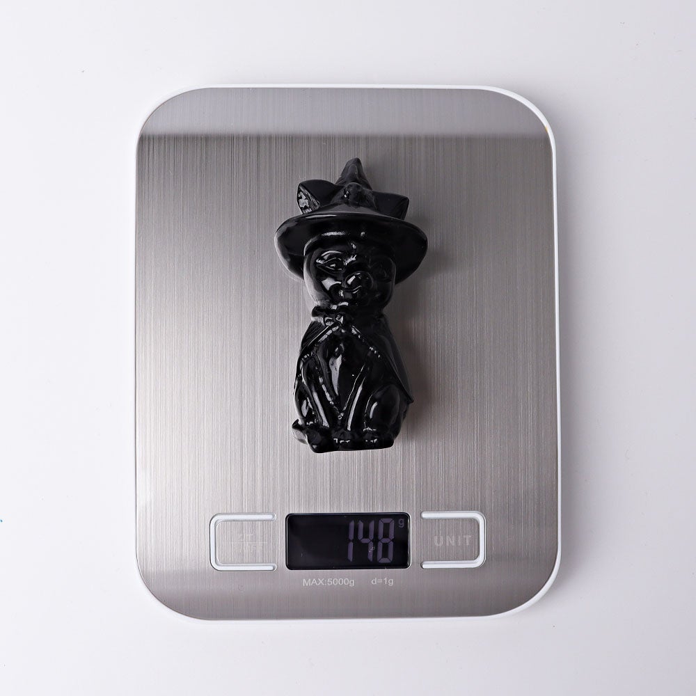 3.5" Black Obsidian Cat with Witch's Hat Crystal Carvings Wholesale Crystals USA