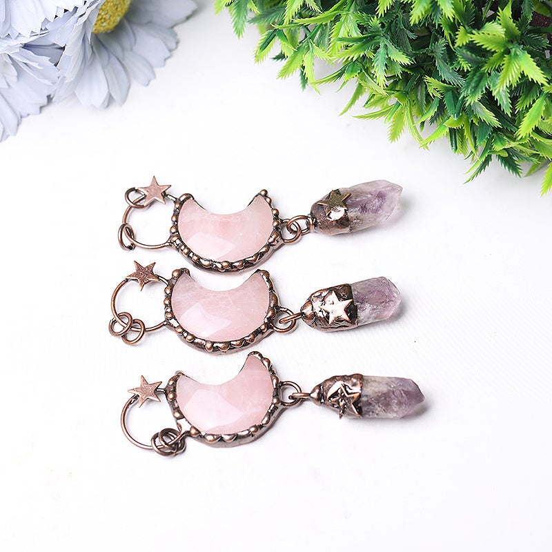 3.7" Rose Moon Amethyst Pendant Key Chain DIY Wholesale Crystals USA