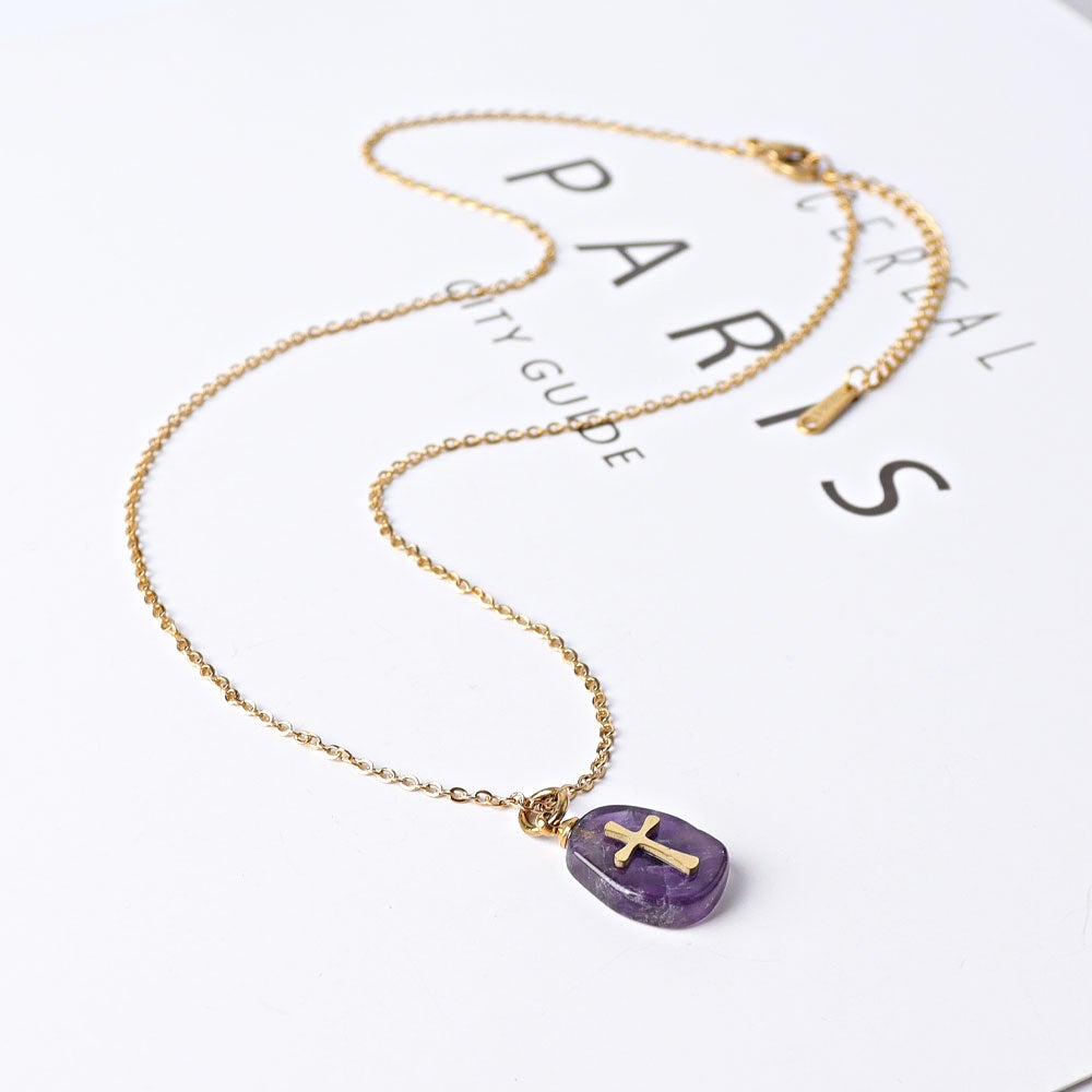 Amethyst Peach Aventurine with Golden Cross Decor Necklace Wholesale Crystals USA