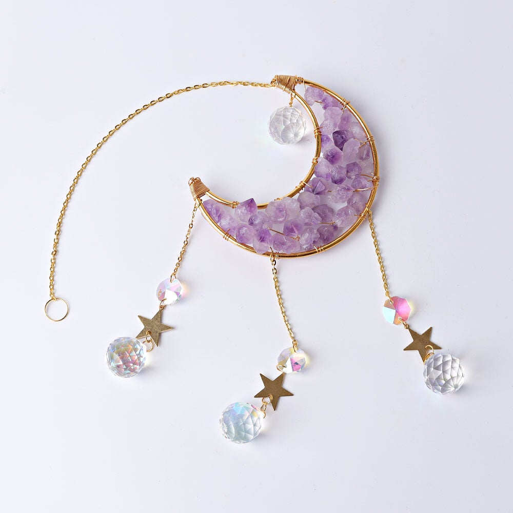 Amethyst Moon Suncatcher with Golden Rim Glass Diamond Hanging Ornament Wholesale Crystals USA