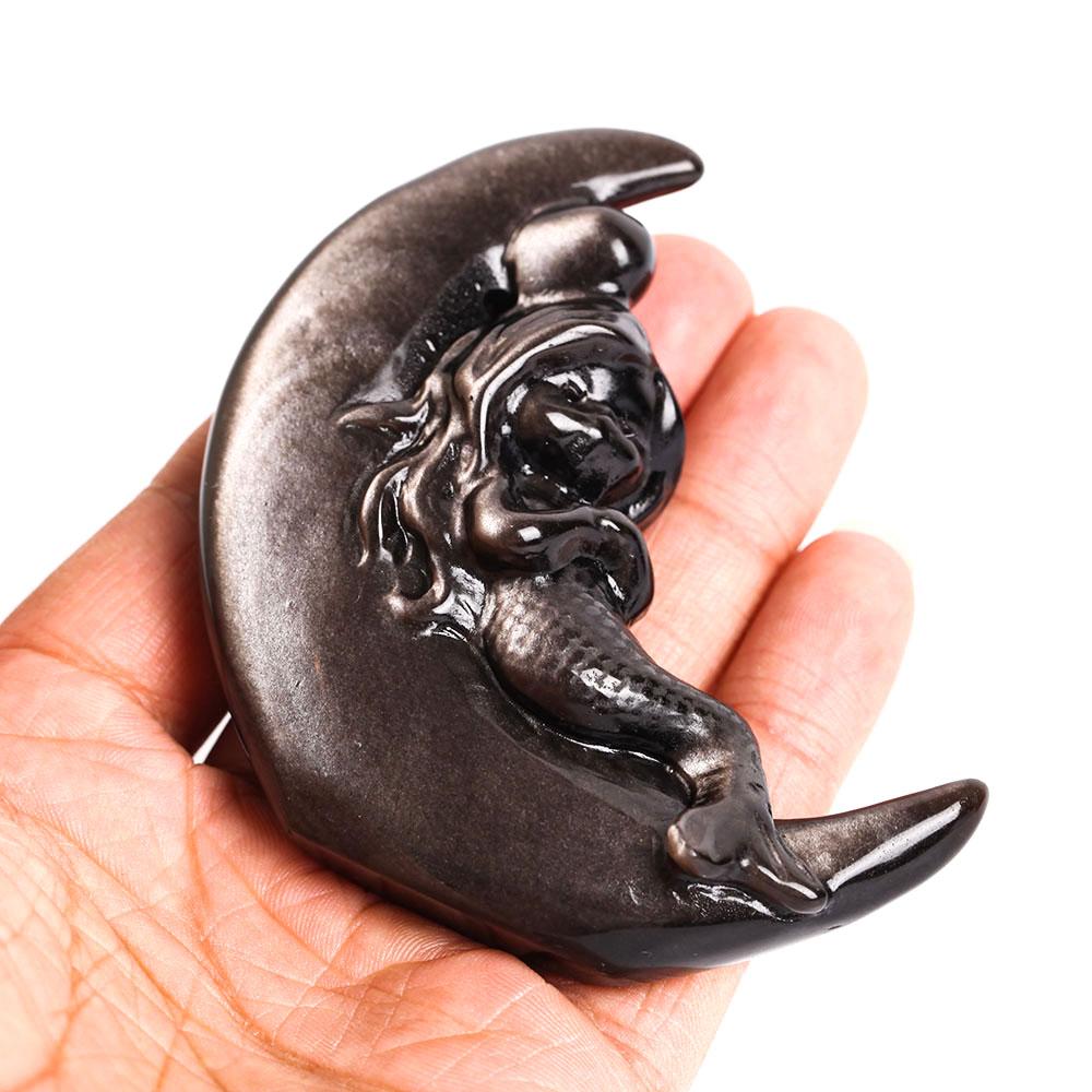 Silver Obsidian Moon with Mermaid Carving Decor Wholesale Crystals USA