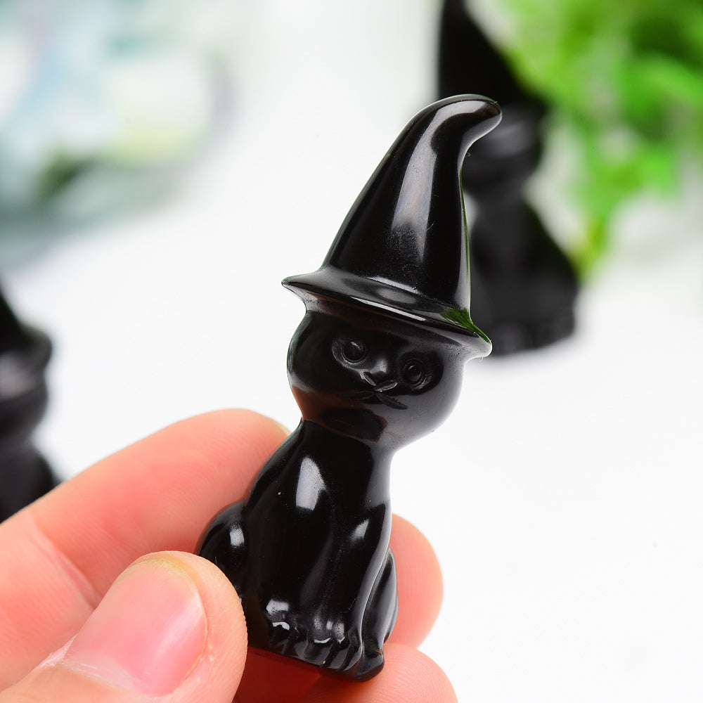 2.3" Black Obsidian Cat with Wizard Hat Carving Bulk Wholesale Crystals USA