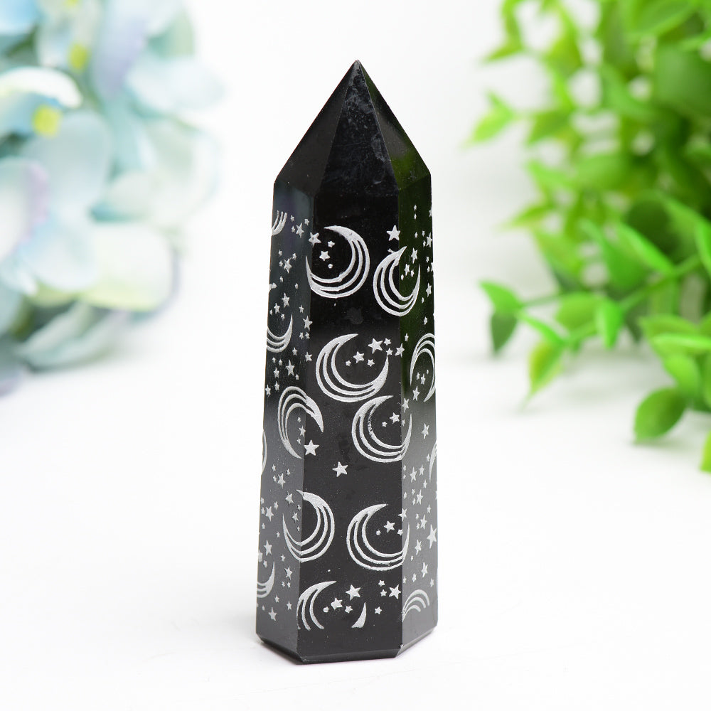 3.0"-3.5" Black Obsidian Crystal Point with Silver Moon Star Printing Bulk Wholesale Crystals USA