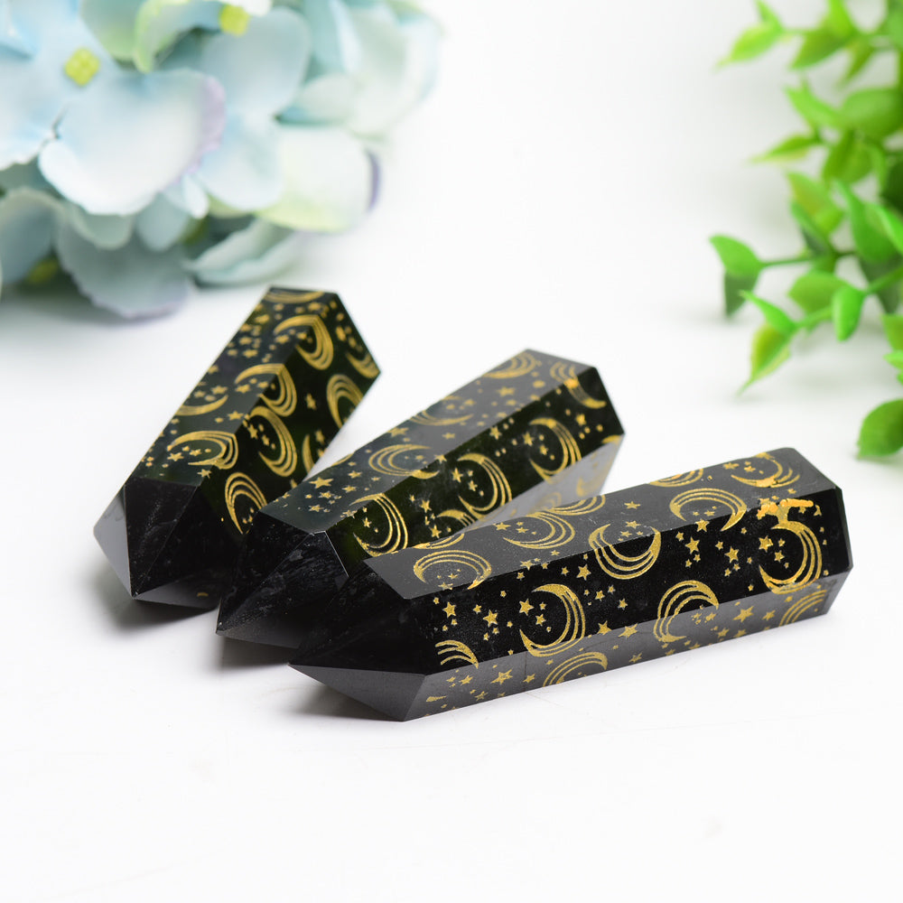 3.0"-3.5" Black Obsidian Crystal Point with Golden Moon Star Printing Bulk Wholesale Crystals USA