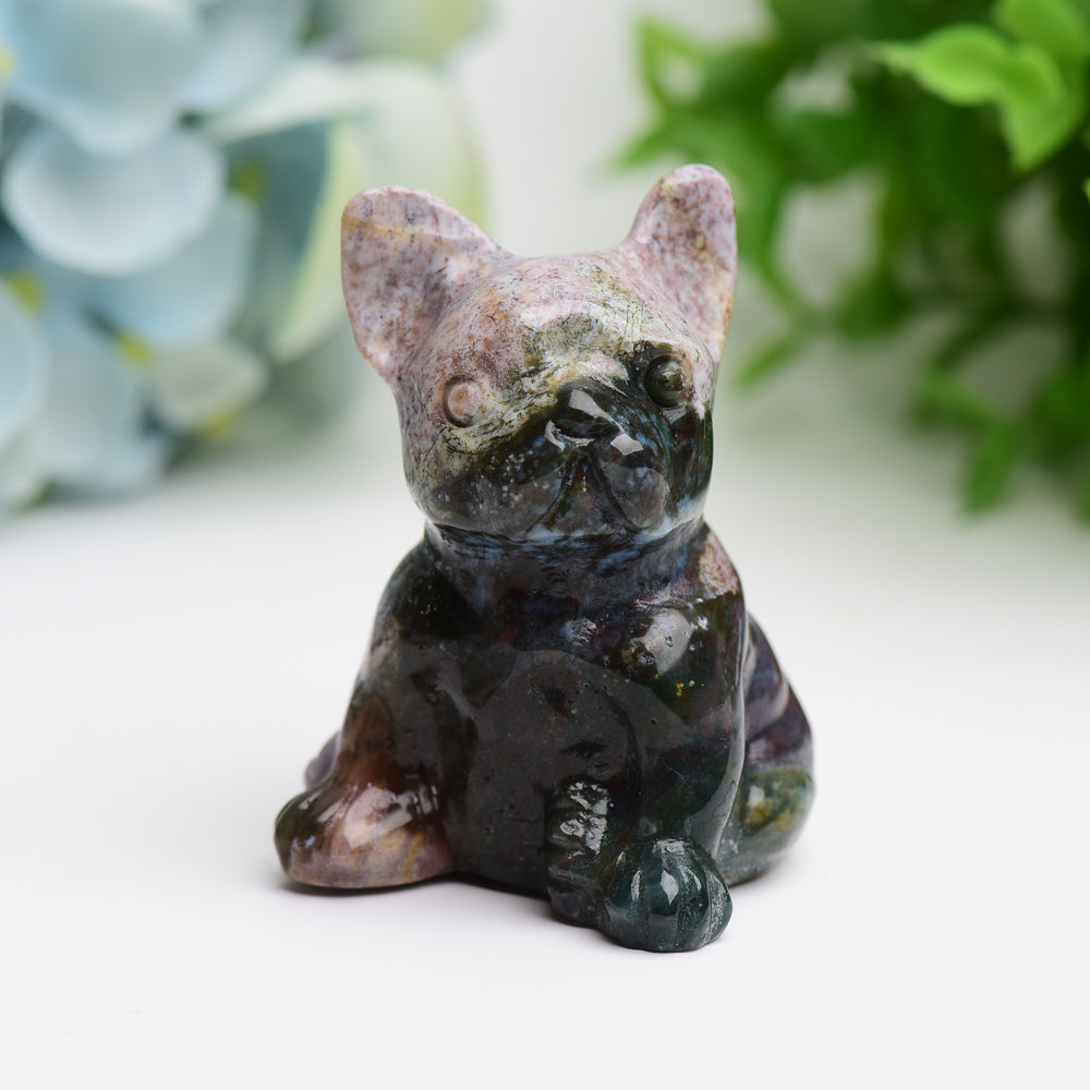 2.4" Moss Agate Bulldog Animal Crystal Carving Wholesale Crystals USA