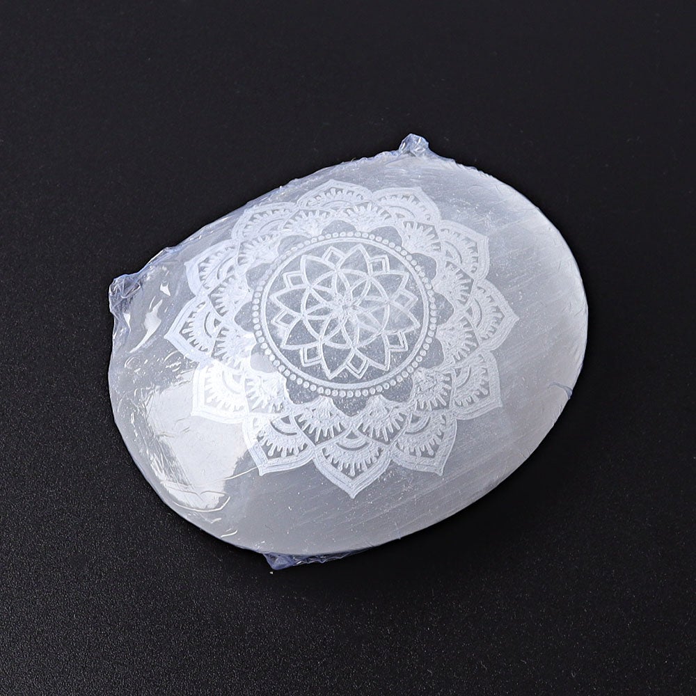 2.4" Selenite Palm Stone with Printing Wholesale Crystals USA