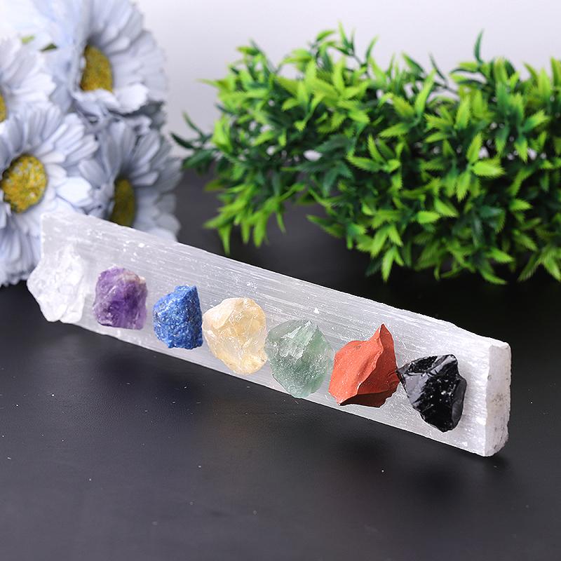 9" Chakra Selenite Stick with Crystal Raw Stone