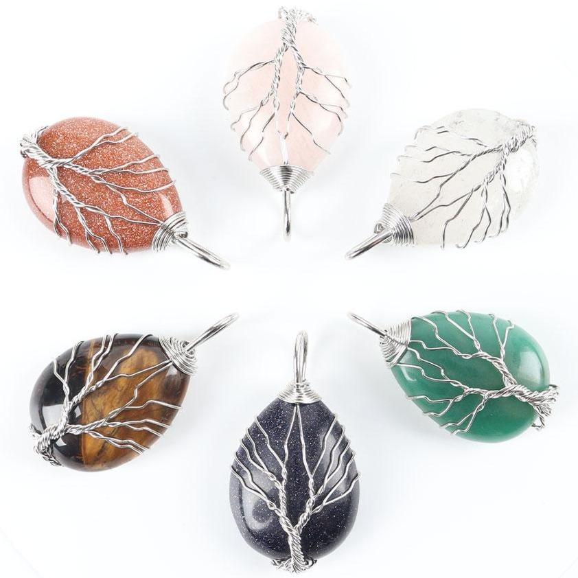 Teardrop Shape Crystal Stone Wire Wrapped Copper Tree of Life Chakra Pendant Wholesale Crystals USA
