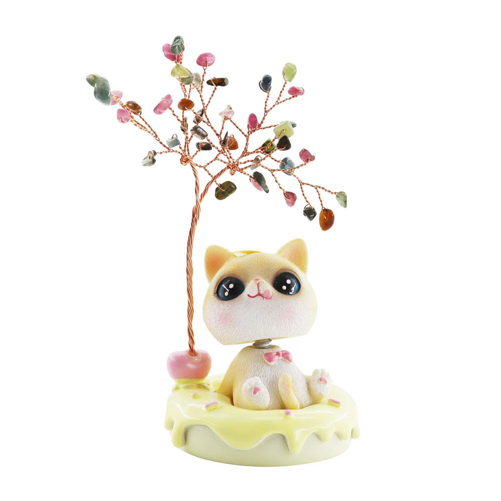Wealth and Luck Crystal Money Tree with Cute Resin Little Cat for Home Decor