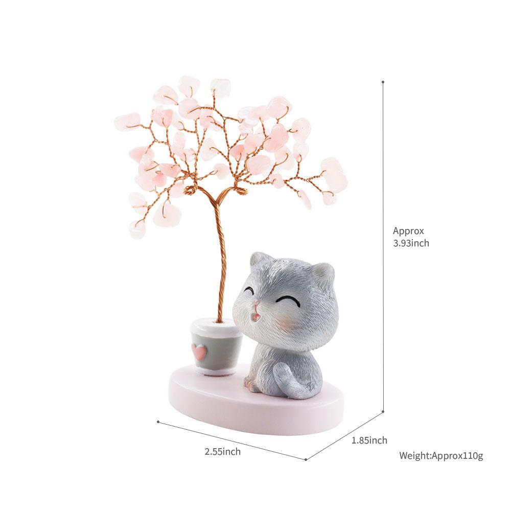 Wealth and Luck Crystal Money Tree with Cute Resin Little Cat for Home Decor