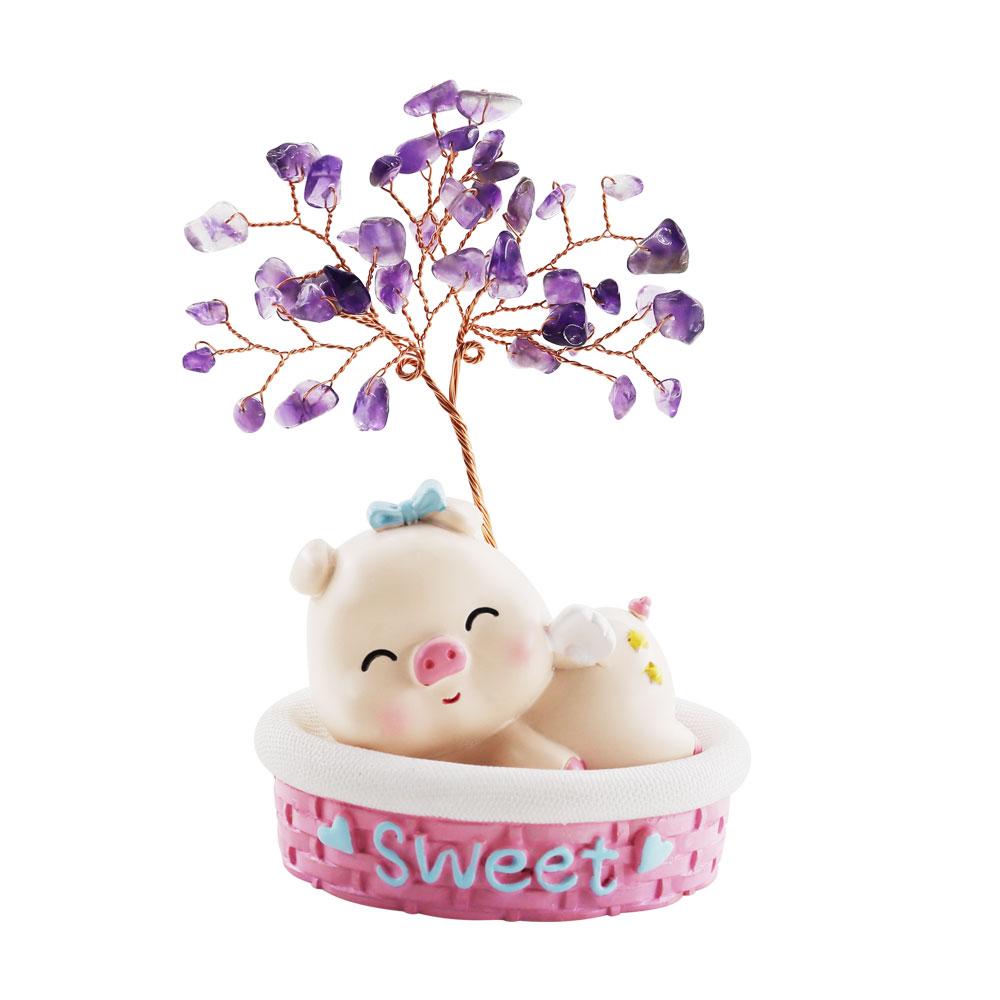 Wealth and Luck Crystal Money Tree with Cute Resin Little Cat for Home Decor
