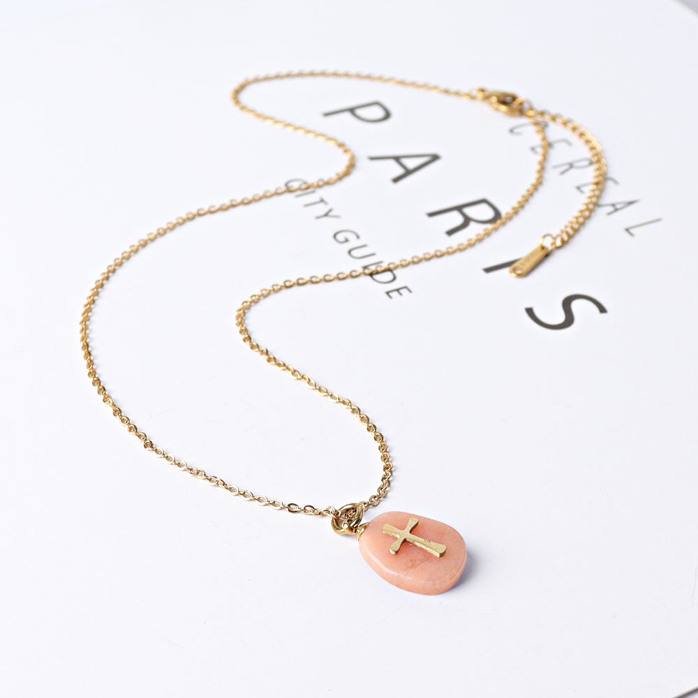 Amethyst Peach Aventurine with Golden Cross Decor Necklace Wholesale Crystals USA
