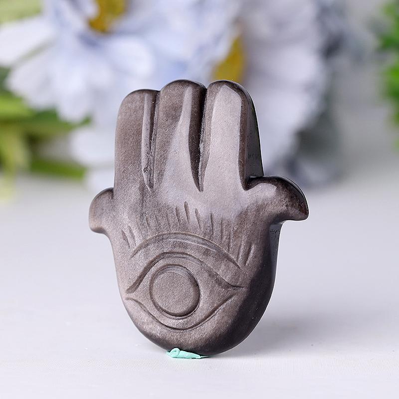 2" Sliver Obsidian Hand with Evil Eye Crystal Carvings Wholesale Crystals USA