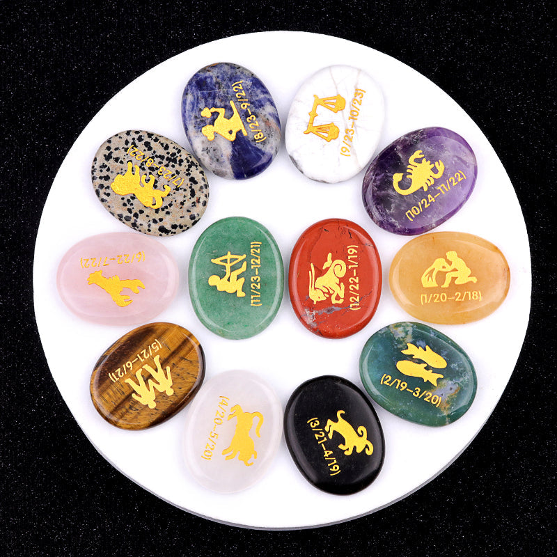 Crystal Twelve Constellation Flat Palm Stone Set Crystal Healing Bulk Wholesale