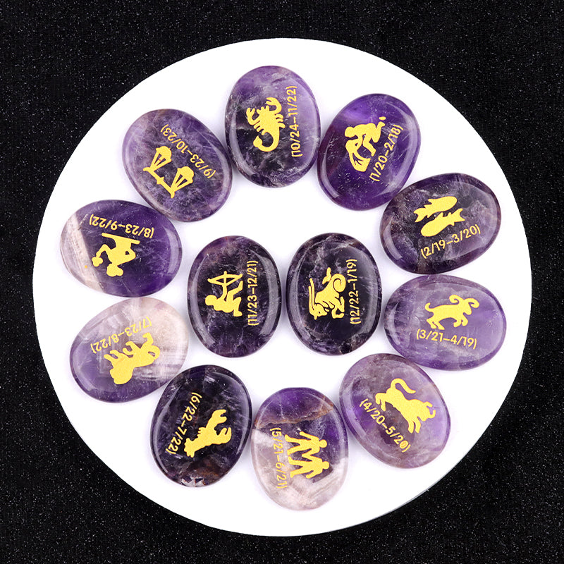Crystal Twelve Constellation Flat Palm Stone Set Crystal Healing Bulk Wholesale