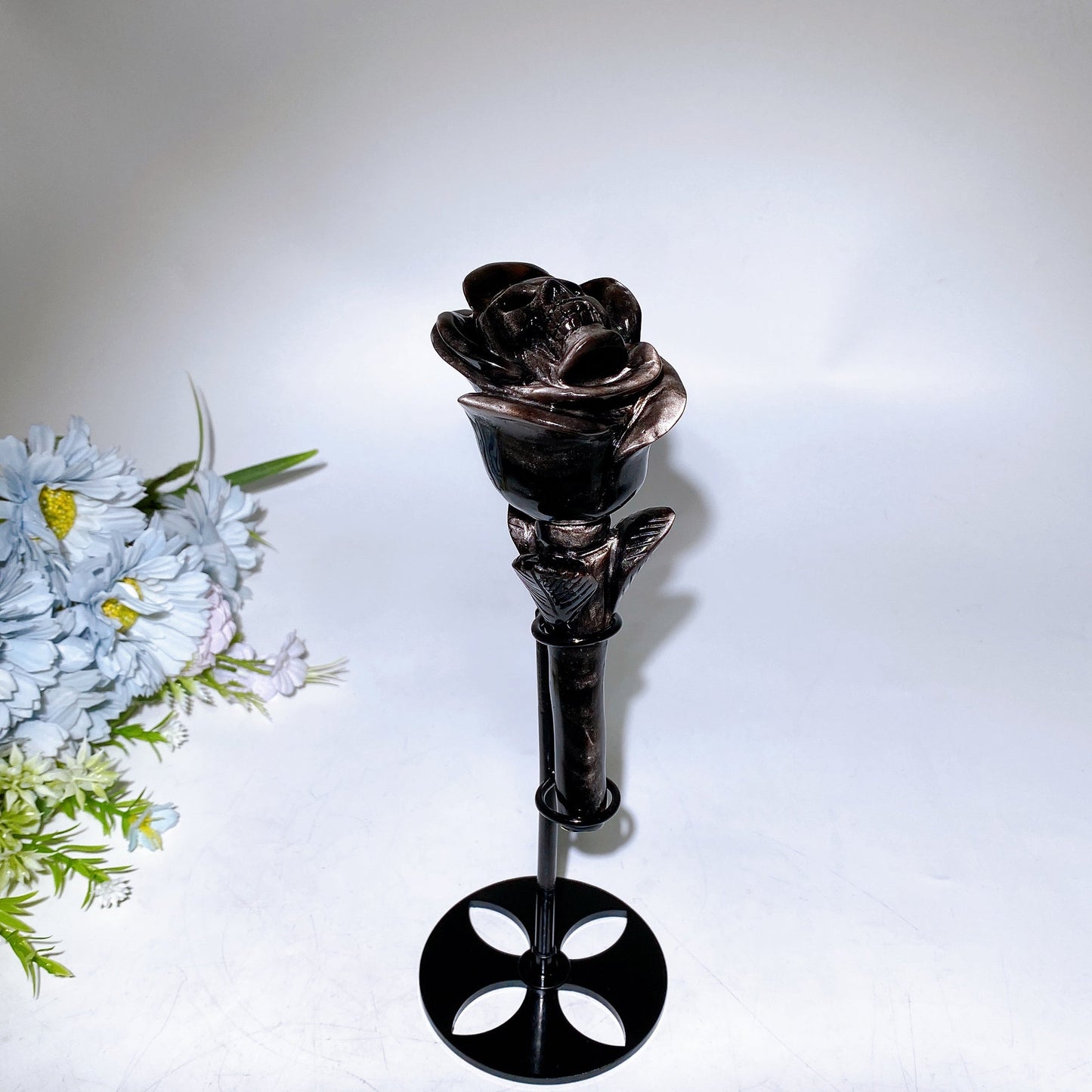Silver Obsidian Skull Flower Carving with Stand Crystal Healing Bulk Wholesale
