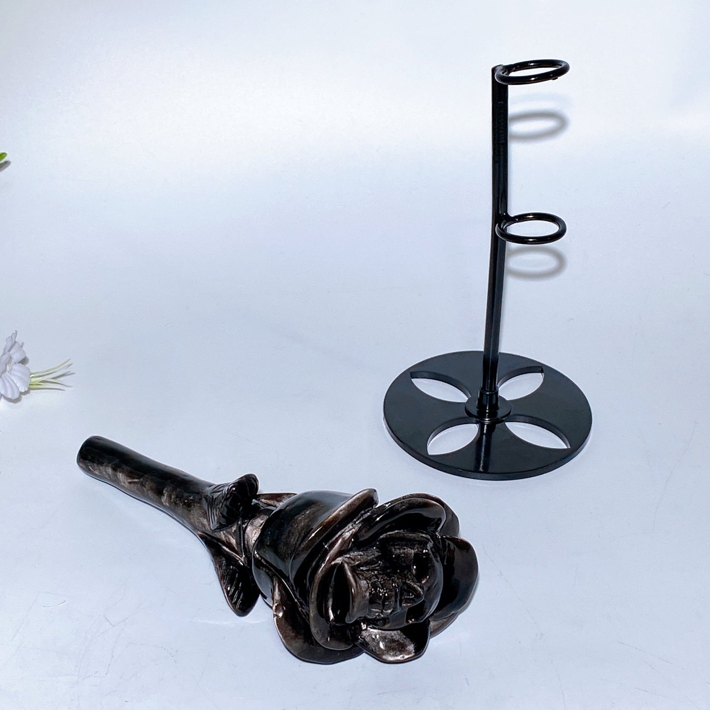 Silver Obsidian Skull Flower Carving with Stand Crystal Healing Bulk Wholesale
