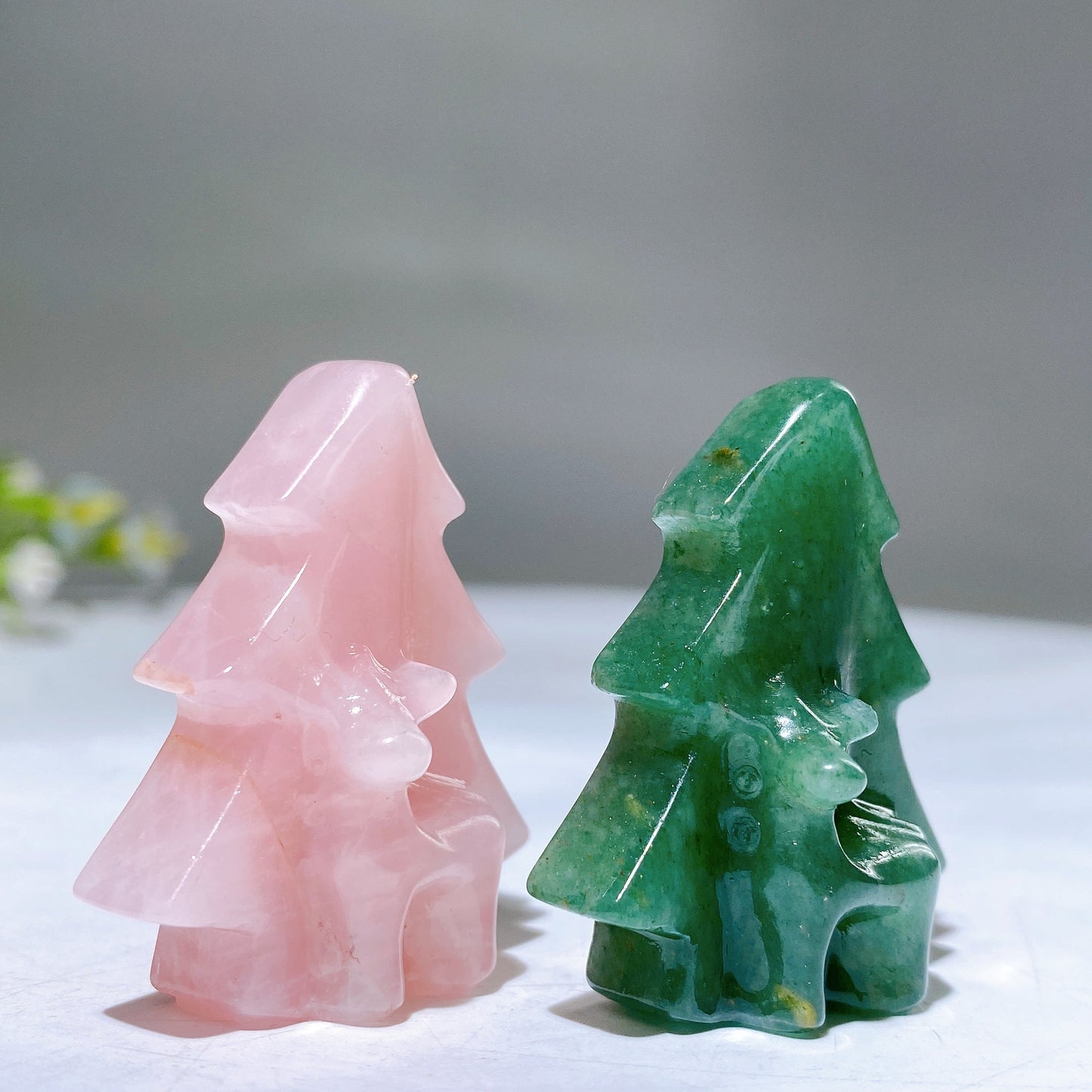 1.6" Rose Quartz Aventurine Christmas Tree with Deer Carving for Christmas Wholesale