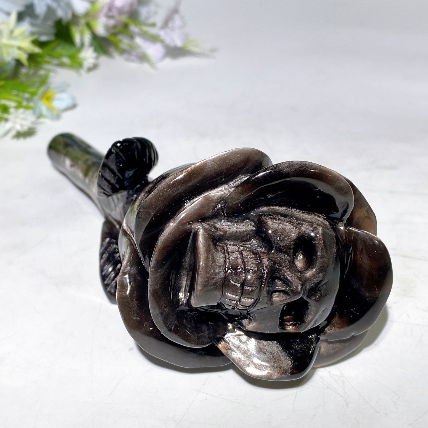 Silver Obsidian Skull Flower Carving with Stand Crystal Healing Bulk Wholesale