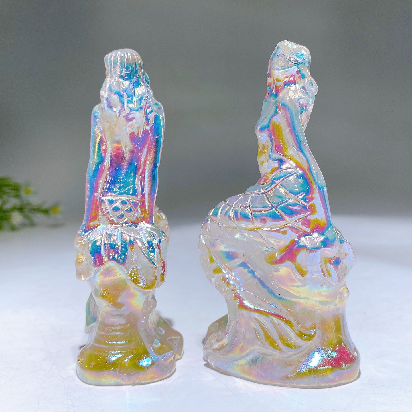 3.8" Aura Clear Quartz Mermaid Carving Wholesale