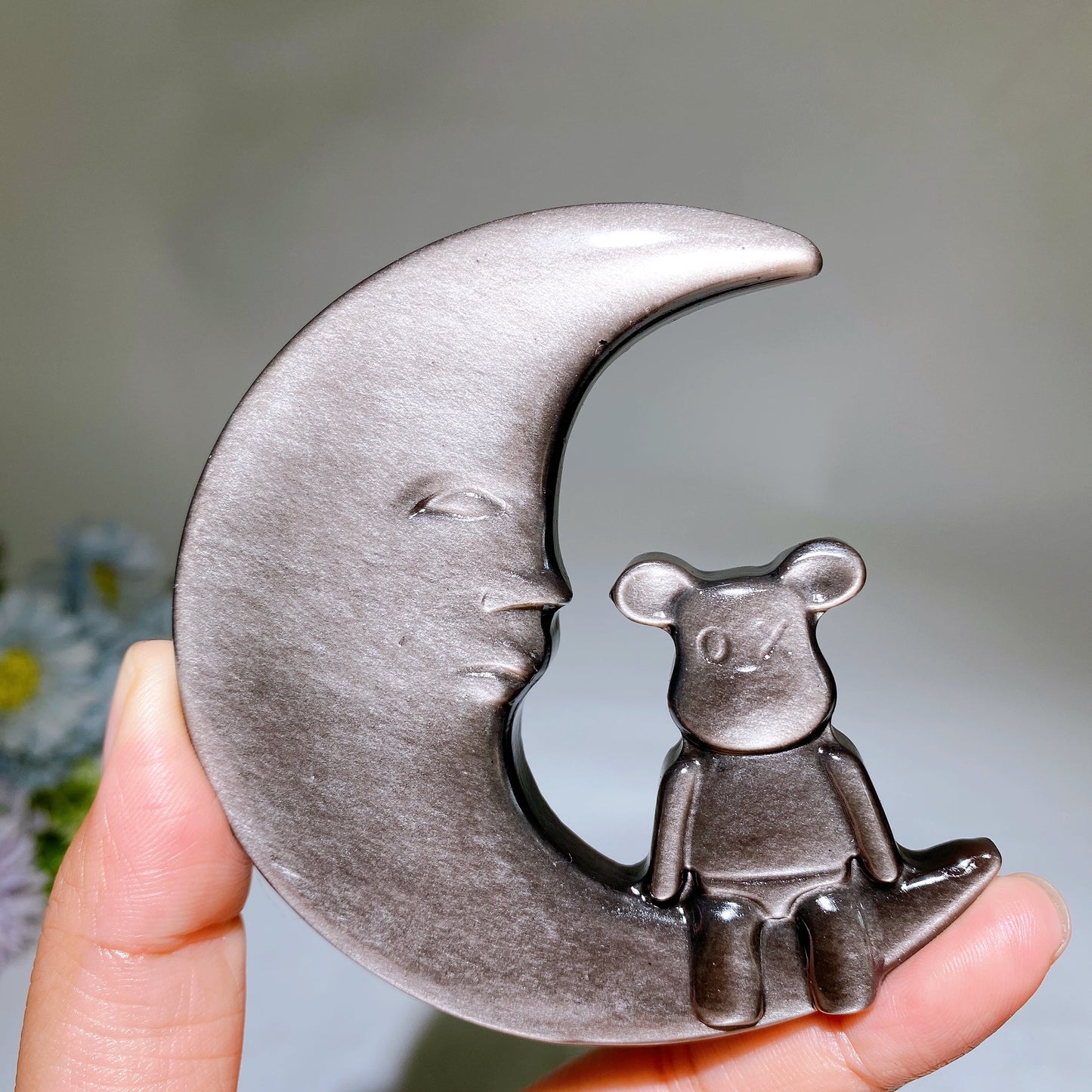 3.3" Silver Obsidian Moon Carving Crystal Healing Bulk Wholesale