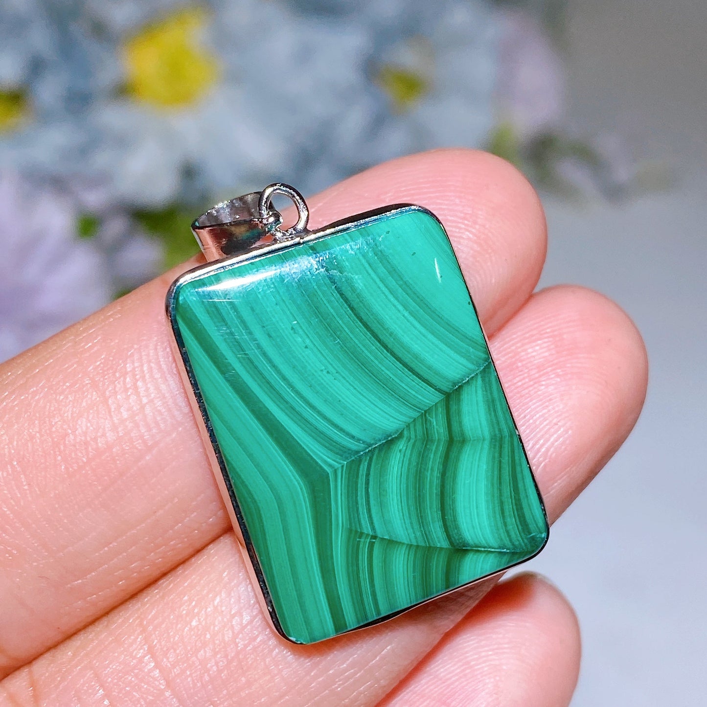 Cooper Silver Plated Malachite Rectangle Pendant Crystal Healing Bulk Wholesale
