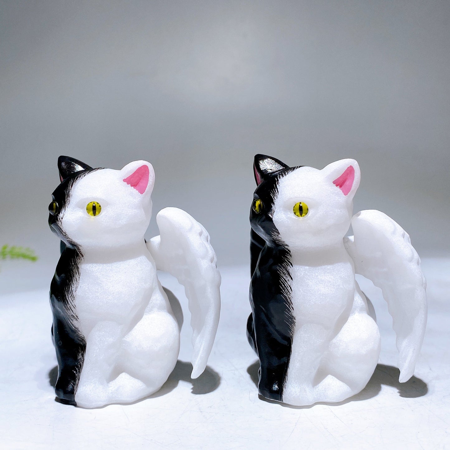 2.7" Half Black Painting White Jade Cat with Wings Carving for Halloween Wholesale