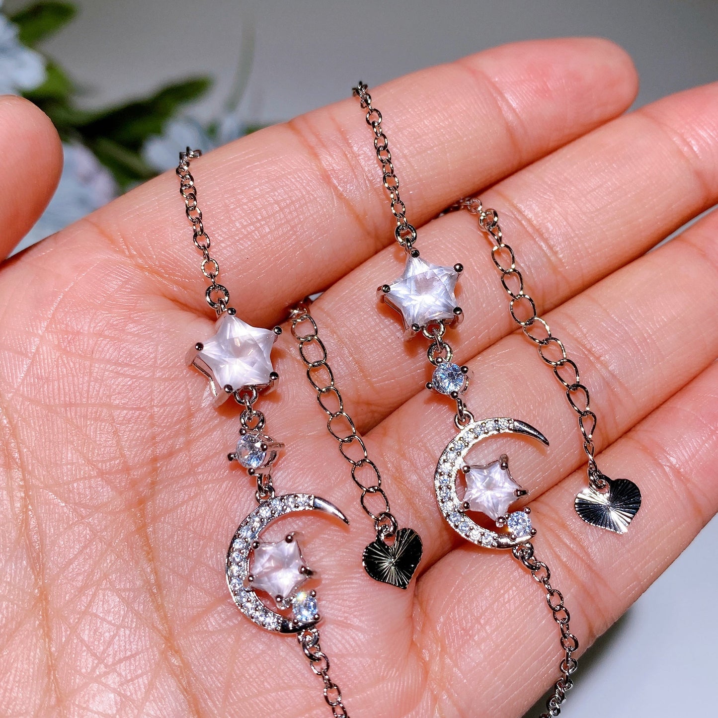 Cooper Silver Plated Rose Quartz Moon & Star Bracelet Crystal Healing Bulk Wholesale