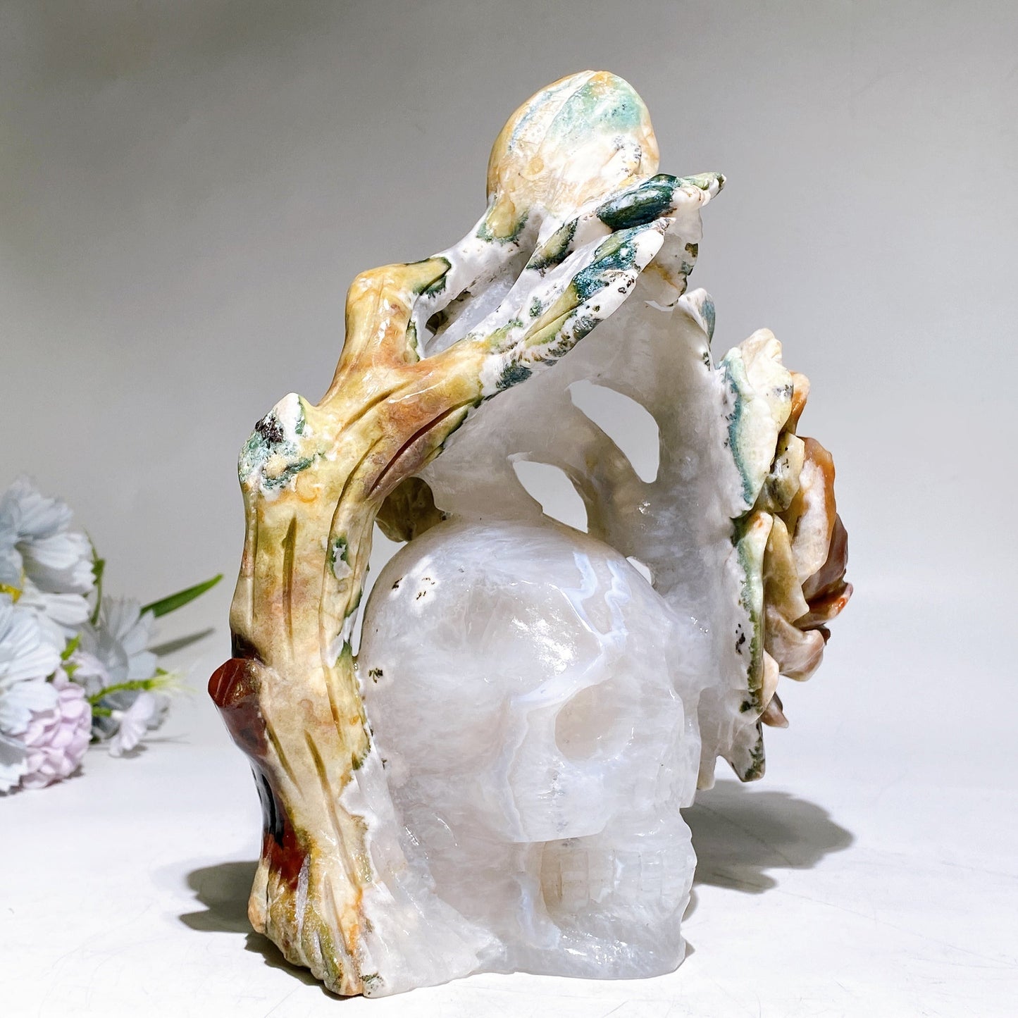 21cm Large Unique Agate Quartz Skull Grow with Ocean Jasper Peony Carving Crystal Healing Bulk Wholesale