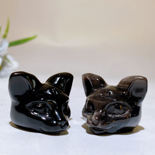 1.4" Silver Obsidian Cat Head Carving Crystal Healing Bulk Wholesale