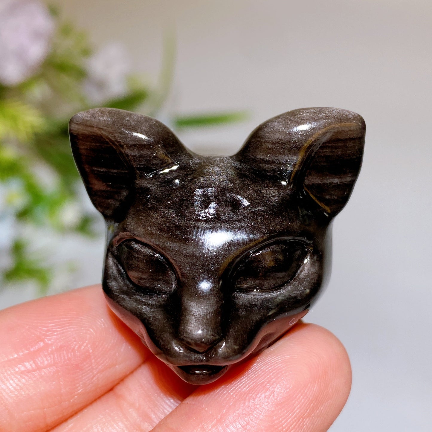 1.4" Silver Obsidian Cat Head Carving Crystal Healing Bulk Wholesale