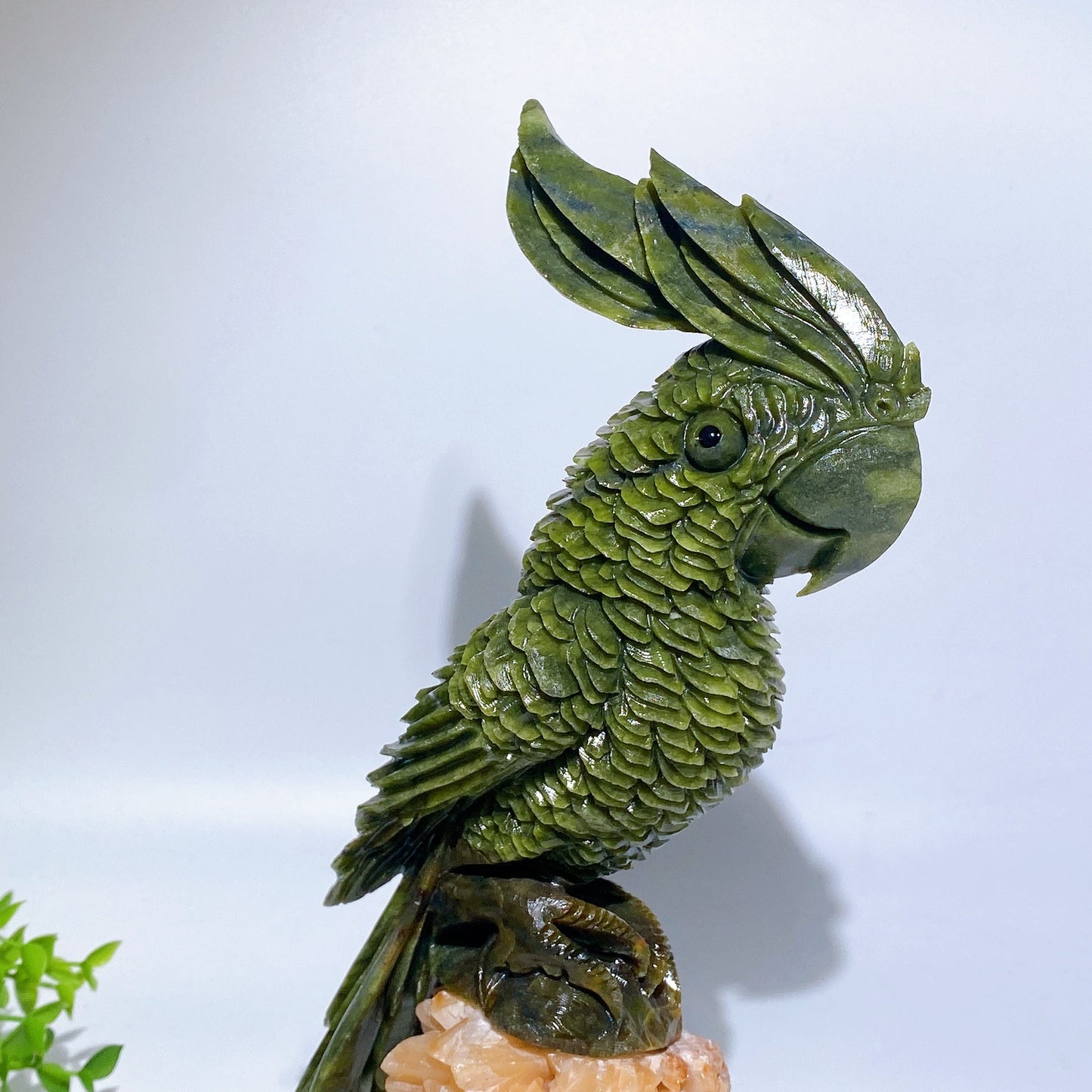 28cm Large Unique Serpentine Parrot Carving with Calcite Cluster Base Crystal Healing Bulk Wholesale