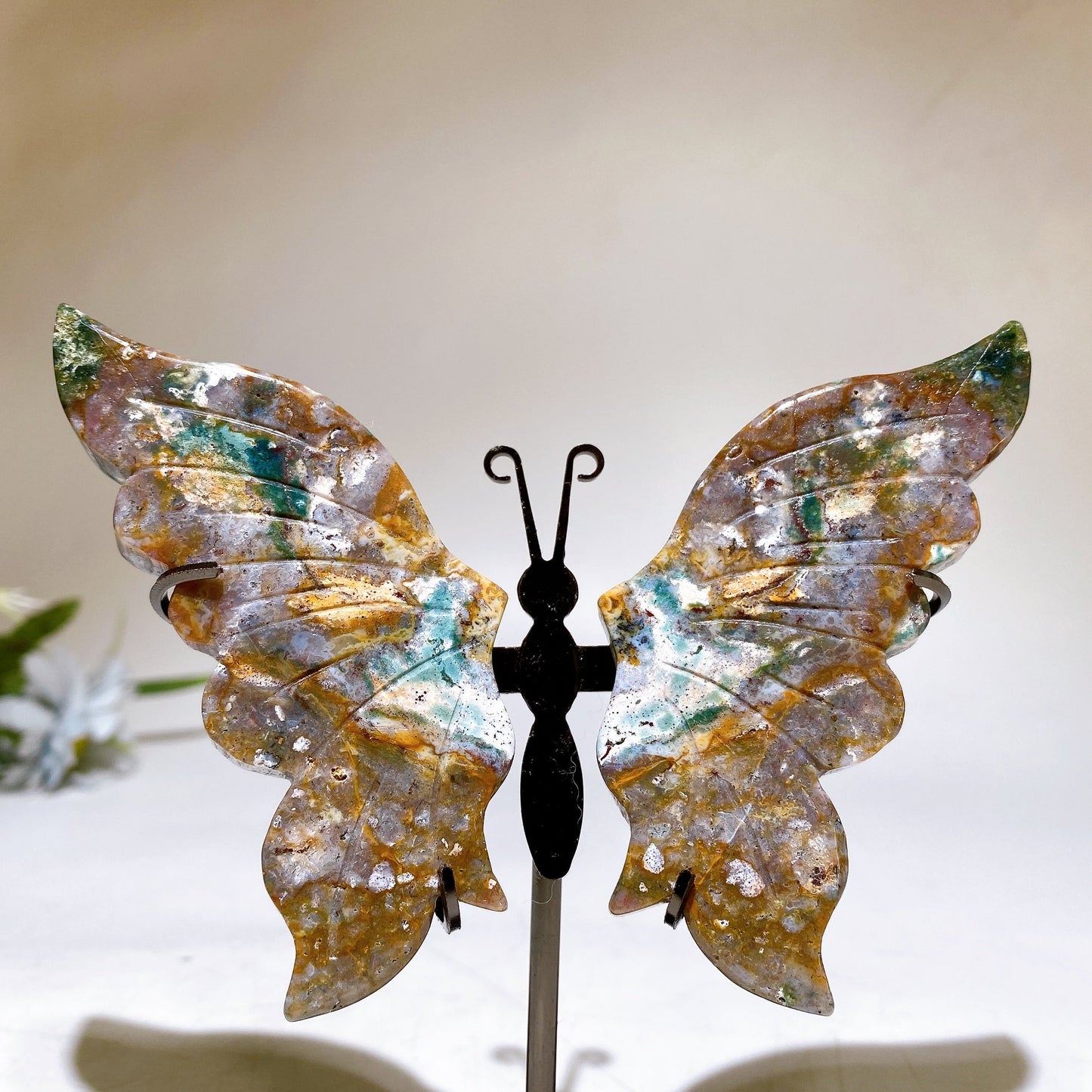 Lapis Ocean Jasper Butterfly Wings with Stand