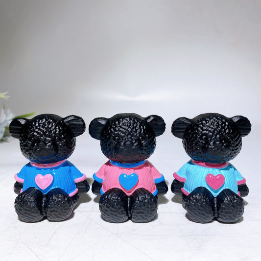 2.7" Black Obsidian Bear Carving with Painting Crystal Healing Bulk Wholesale